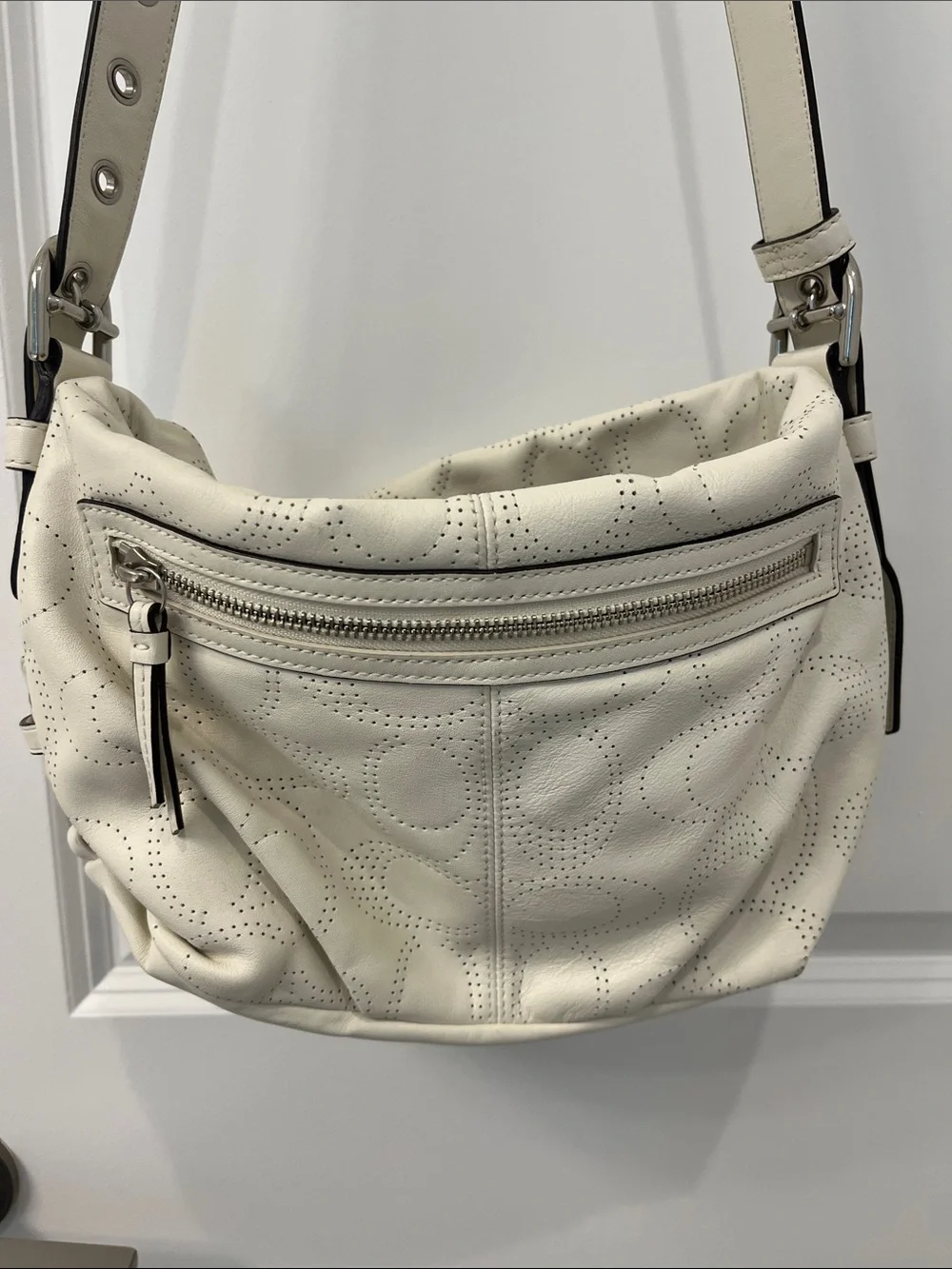 Coach Off White Perforated Signature Leather Shoulder Bag Pink Lining